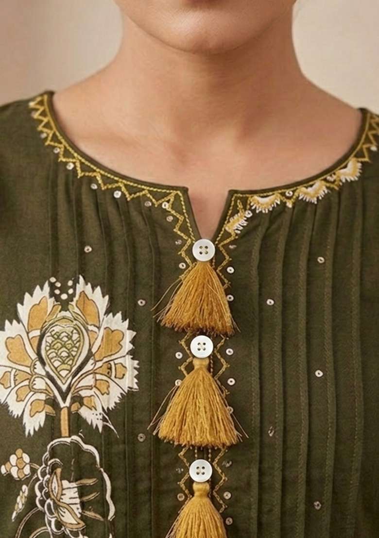 Green Printed Cotton Kurta Set - Indya