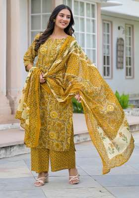 Yellow Printed Cotton Kurta Set
