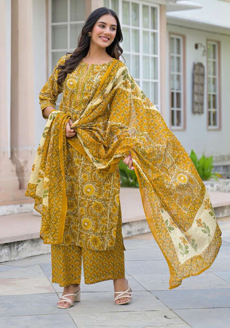 Yellow Printed Cotton Kurta Set - Indya