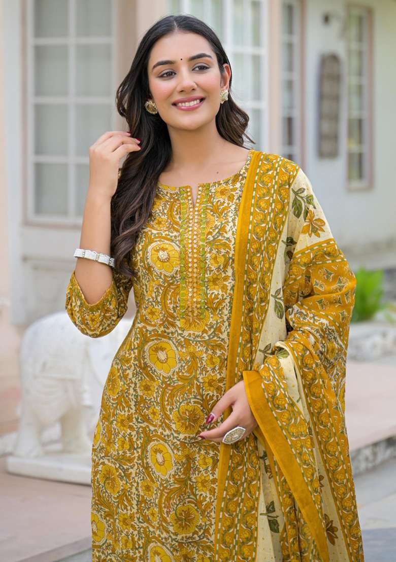 Yellow Printed Cotton Kurta Set - Indya