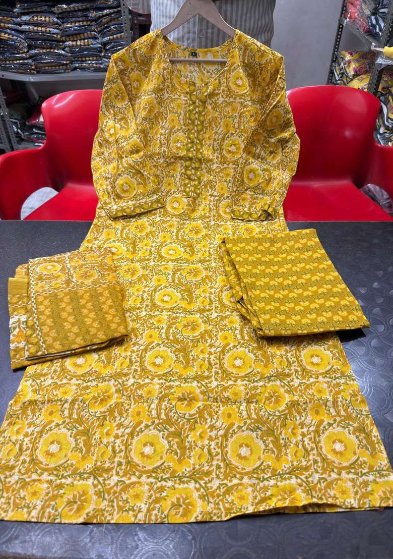 Yellow Printed Cotton Kurta Set - Indya