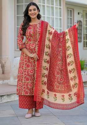 Red Printed Cotton Kurta Set