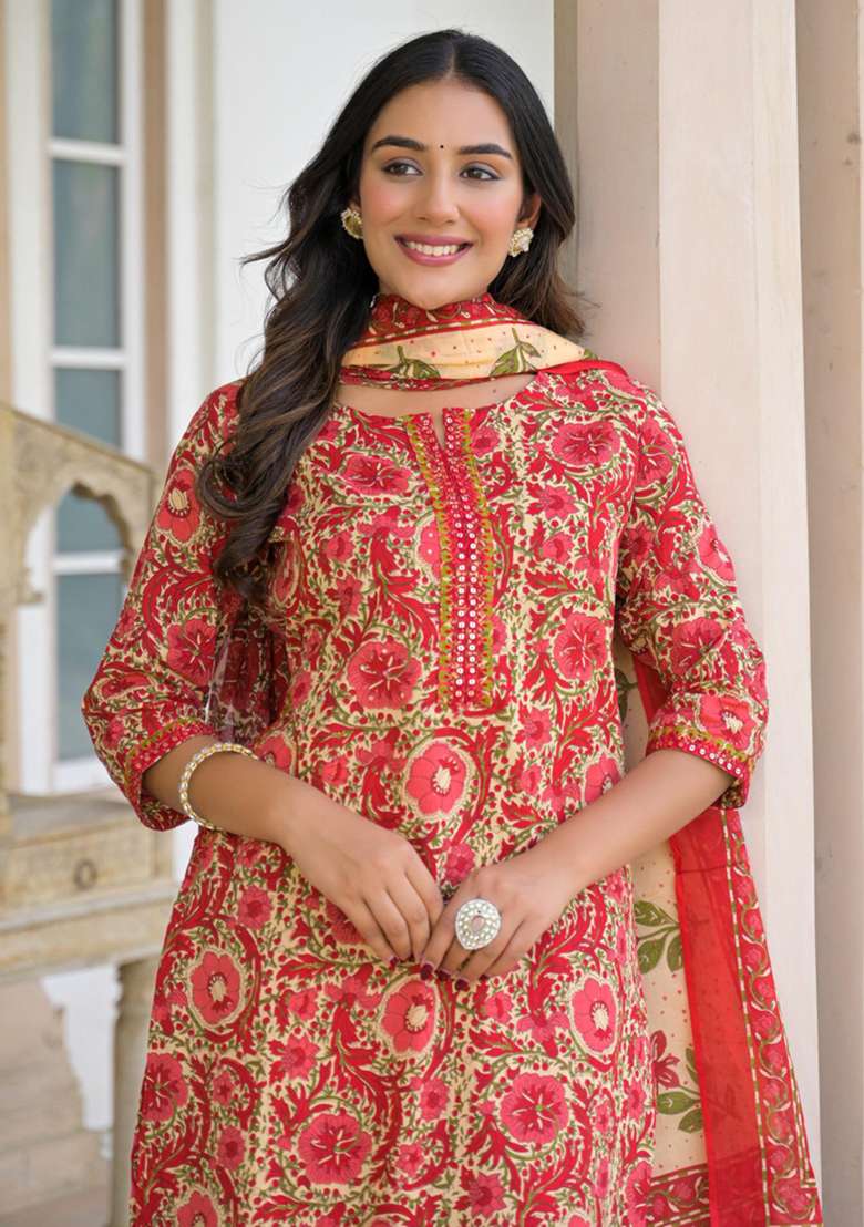Red Printed Cotton Kurta Set - Indya