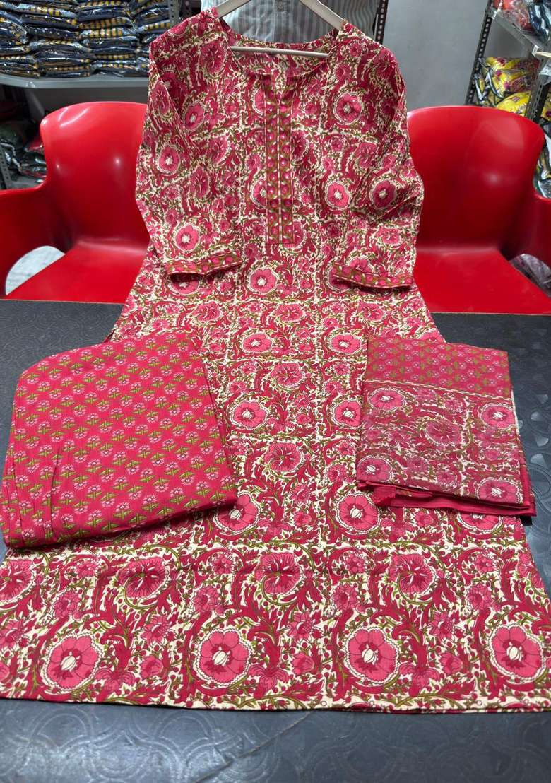 Red Printed Cotton Kurta Set - Indya