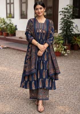 Navy Blue Printed Cotton Kurta Set