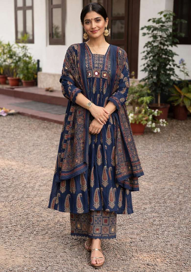 Navy Blue Printed Cotton Kurta Set - Indya