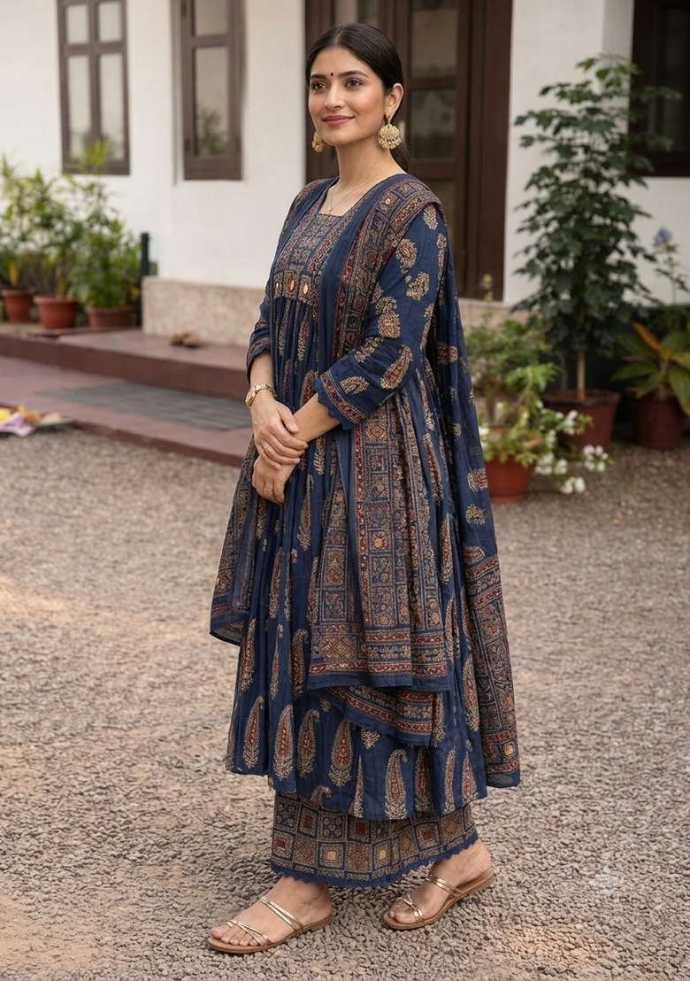 Navy Blue Printed Cotton Kurta Set - Indya