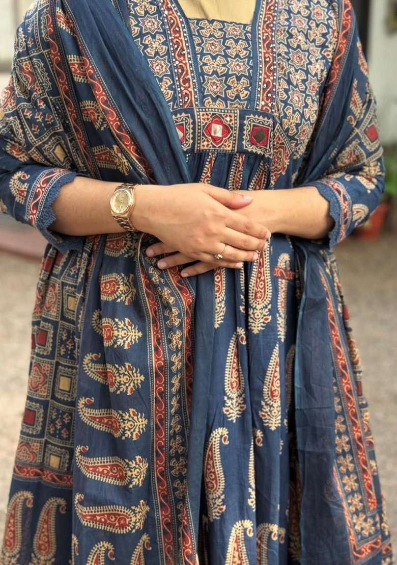 Navy Blue Printed Cotton Kurta Set - Indya