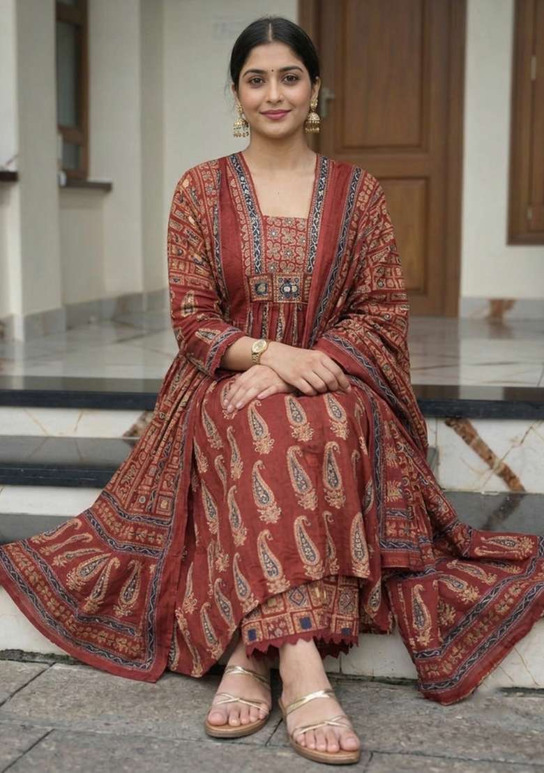 Maroon Printed Cotton Kurta Set - Indya