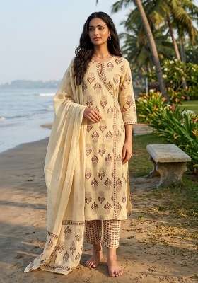 Beige Printed Cotton Kurta Set