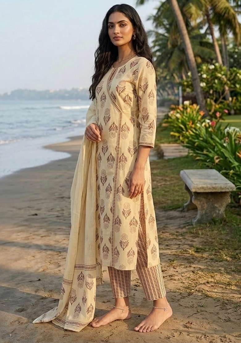 Beige Printed Cotton Kurta Set - Indya
