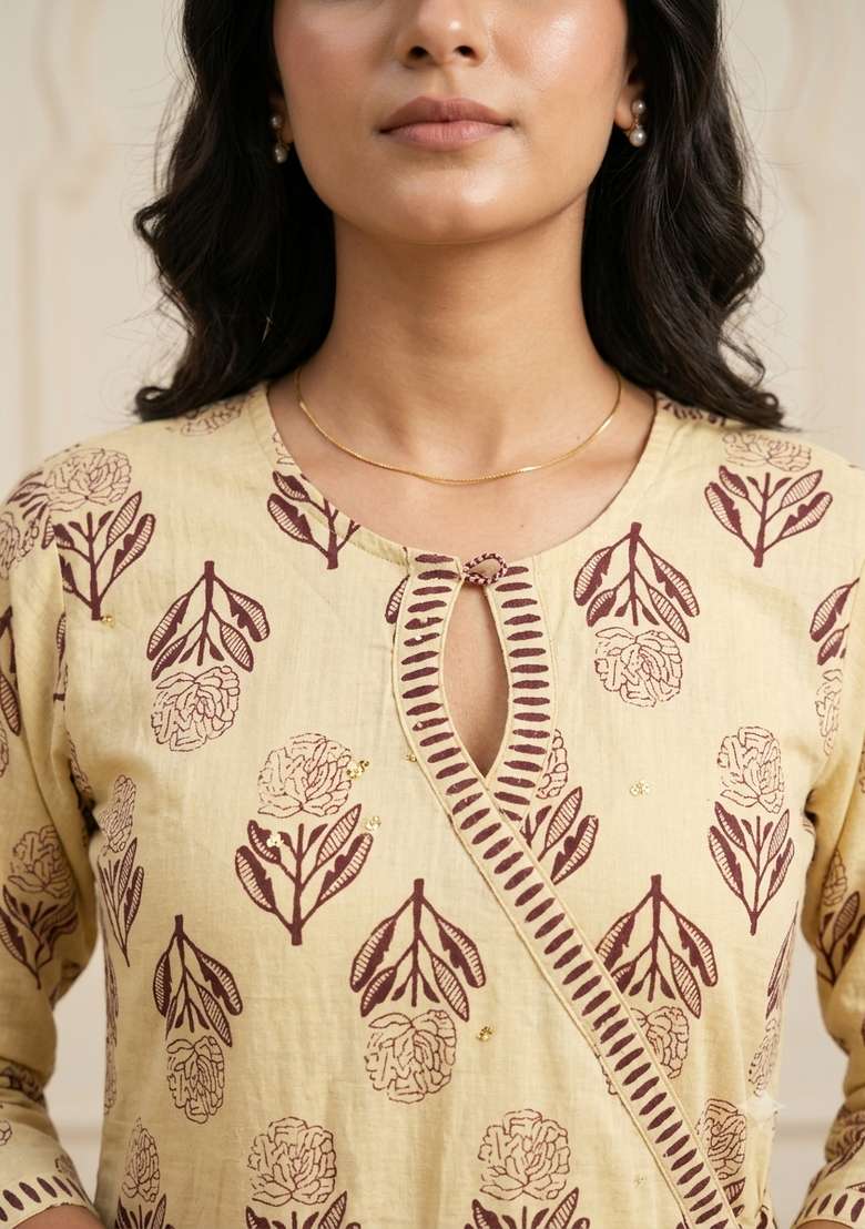 Beige Printed Cotton Kurta Set - Indya