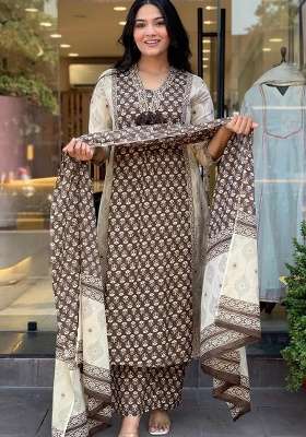 Brown Printed Cotton Kurta Set