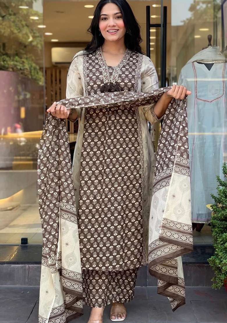 Brown Printed Cotton Kurta Set - Indya