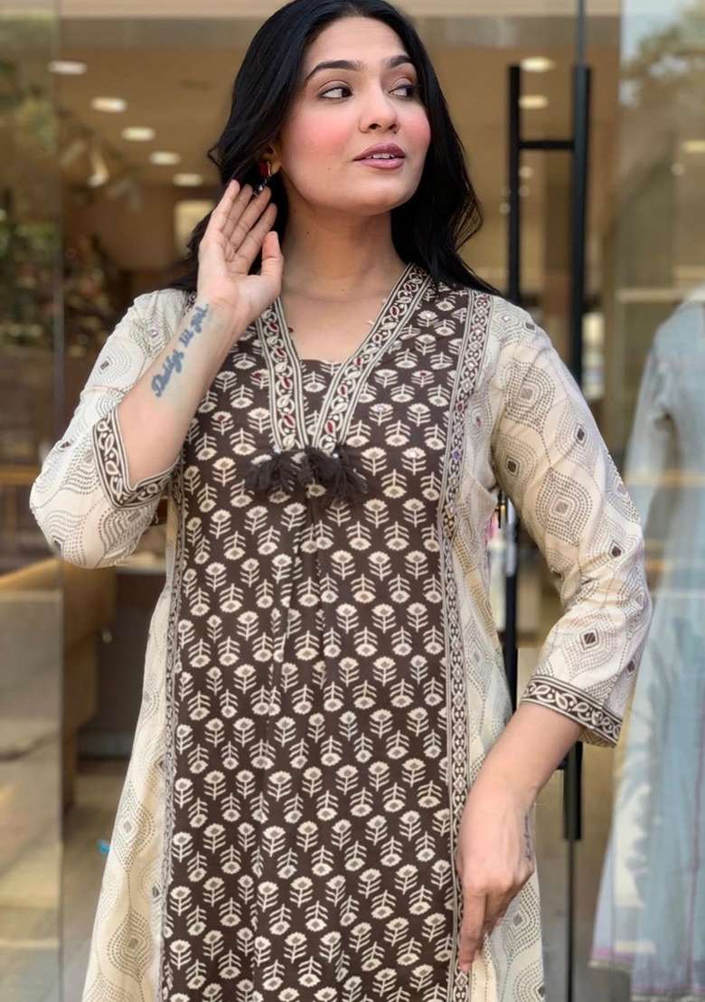 Brown Printed Cotton Kurta Set - Indya