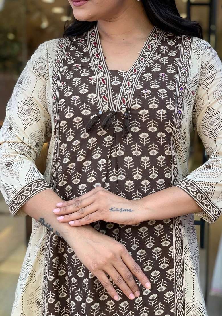 Brown Printed Cotton Kurta Set - Indya