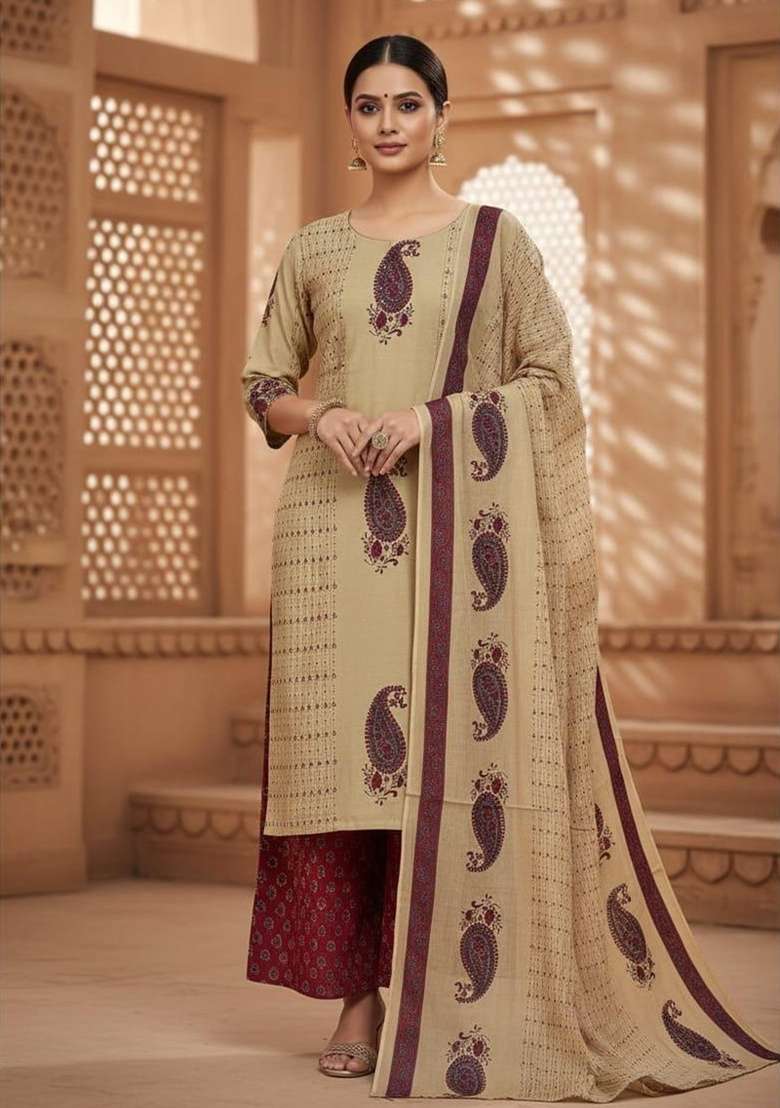 Beige Printed Cotton Kurta Set - Indya