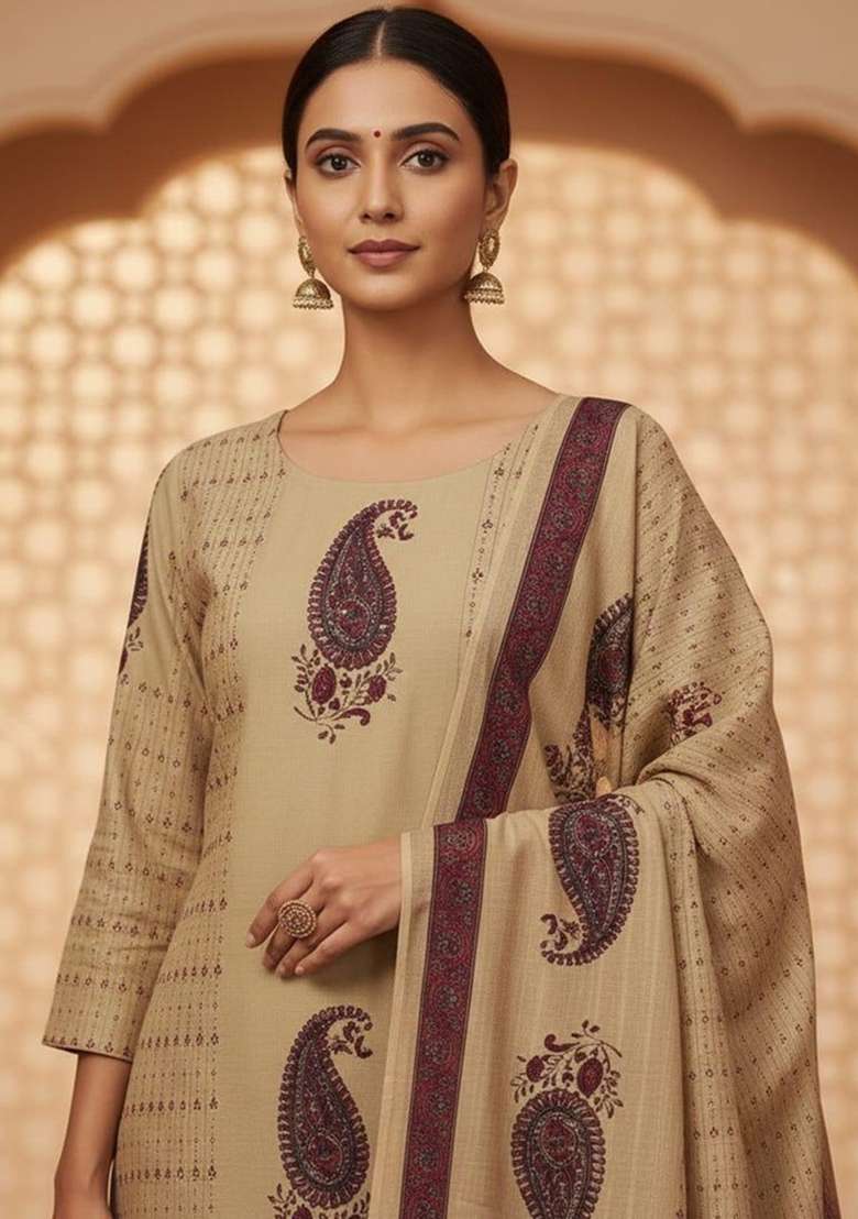 Beige Printed Cotton Kurta Set - Indya
