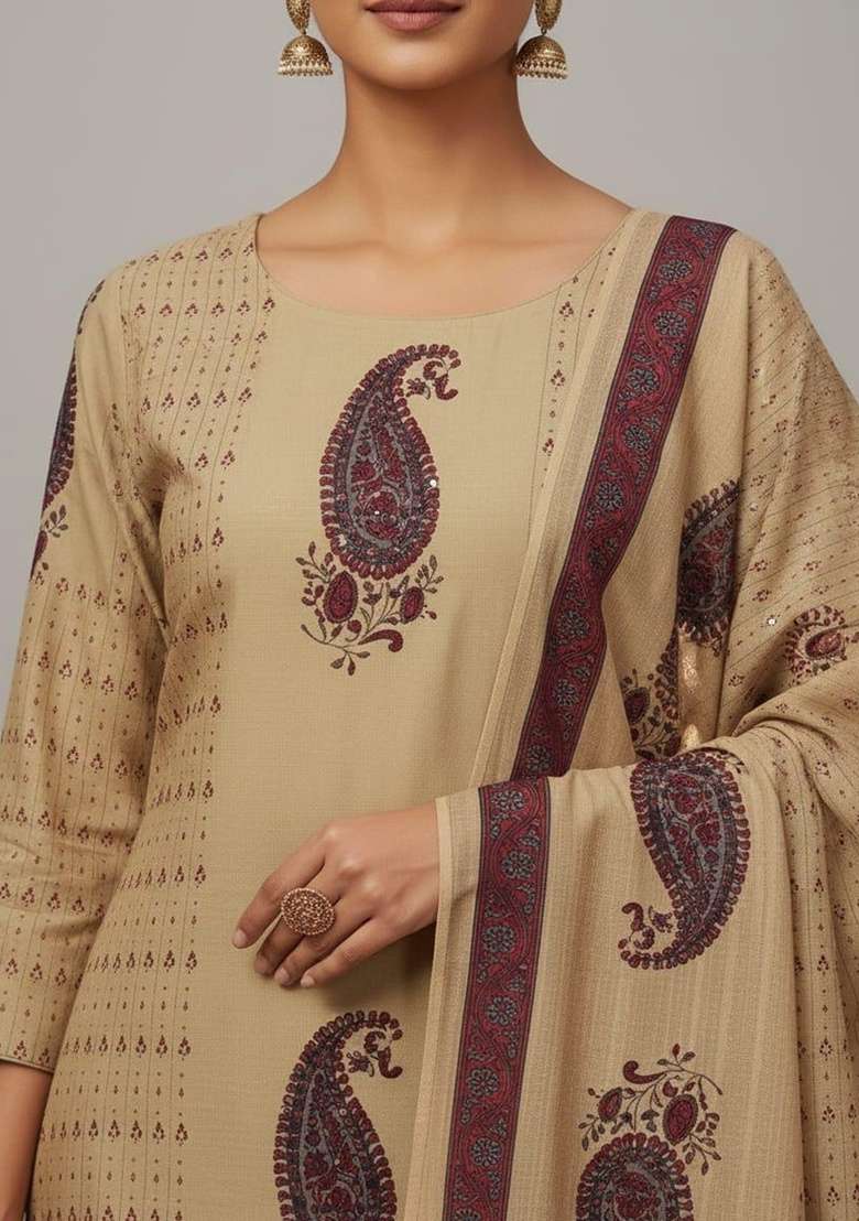 Beige Printed Cotton Kurta Set - Indya