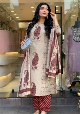Cream Printed Cotton Kurta Set