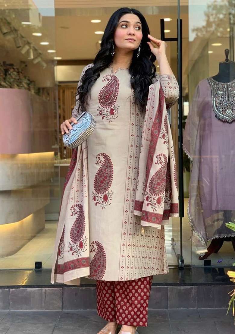 Cream Printed Cotton Kurta Set - Indya