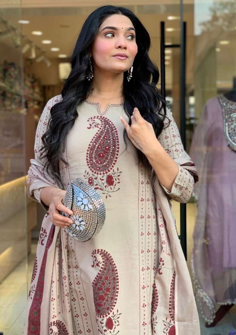 Cream Printed Cotton Kurta Set - Indya