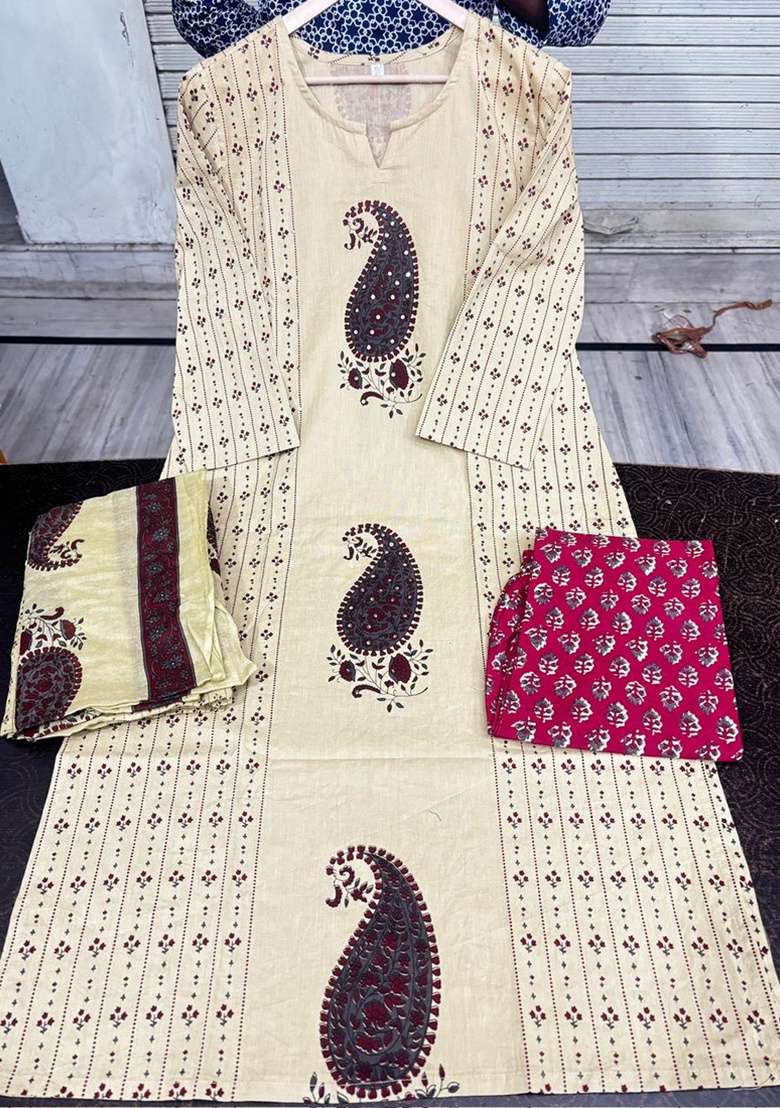 Cream Printed Cotton Kurta Set - Indya