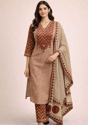 Brown Printed Cotton Kurta Set