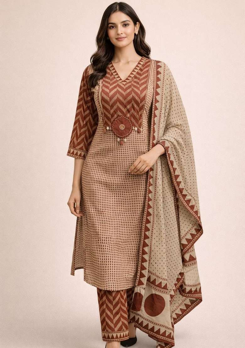 Brown Printed Cotton Kurta Set - Indya