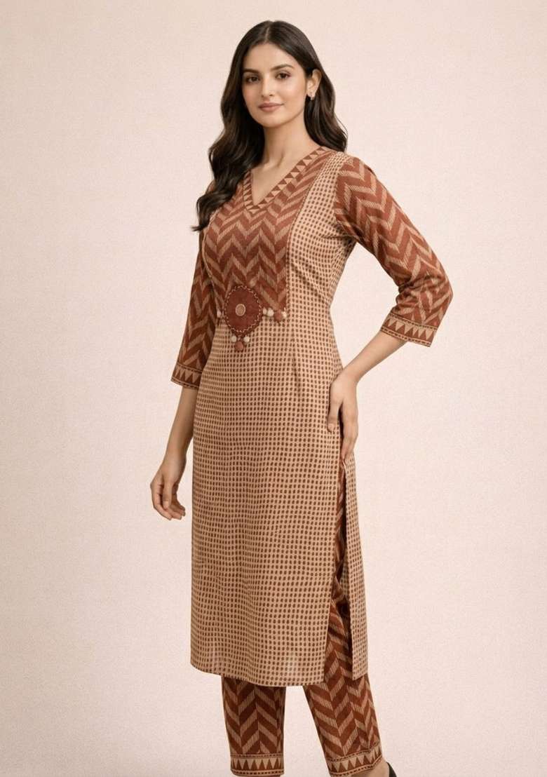 Brown Printed Cotton Kurta Set - Indya