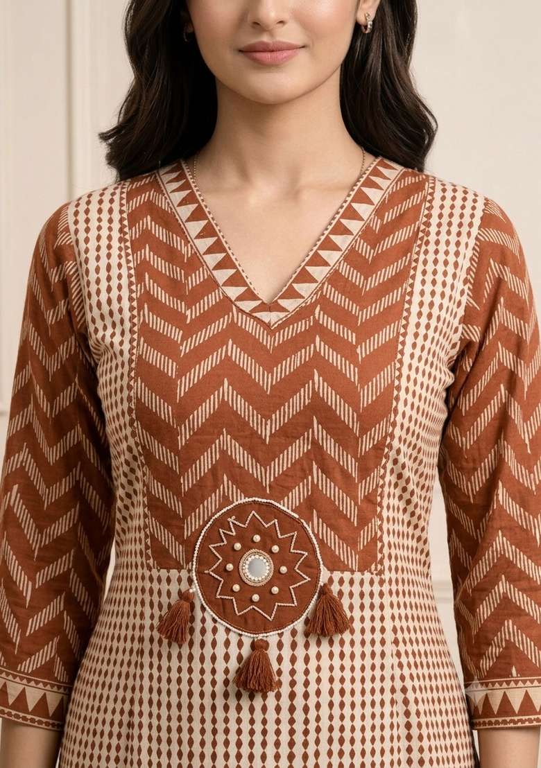 Brown Printed Cotton Kurta Set - Indya