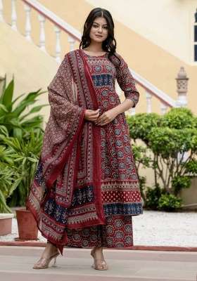 Maroon Printed Cotton Kurta Set