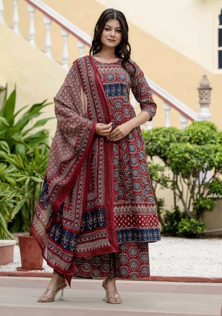Maroon Printed Cotton Kurta Set - Indya