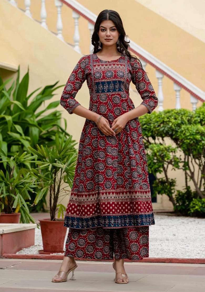 Maroon Printed Cotton Kurta Set - Indya