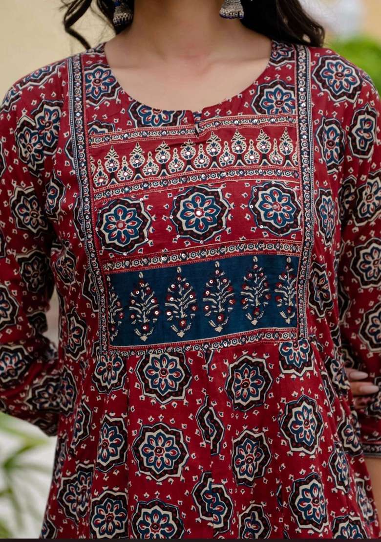 Maroon Printed Cotton Kurta Set - Indya