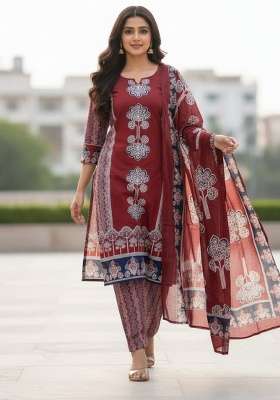 Maroon Printed Cotton Kurta Set