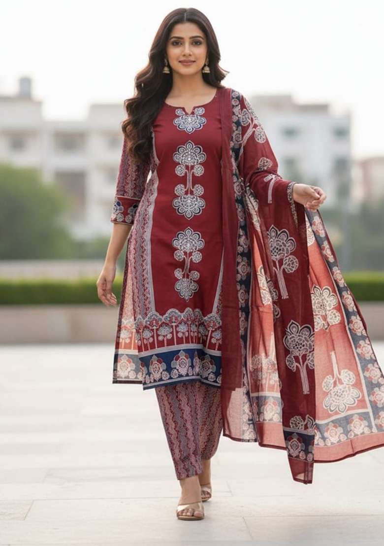Maroon Printed Cotton Kurta Set - Indya