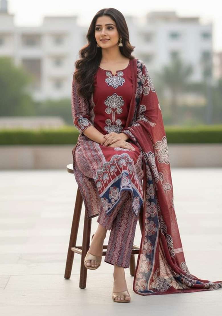 Maroon Printed Cotton Kurta Set - Indya