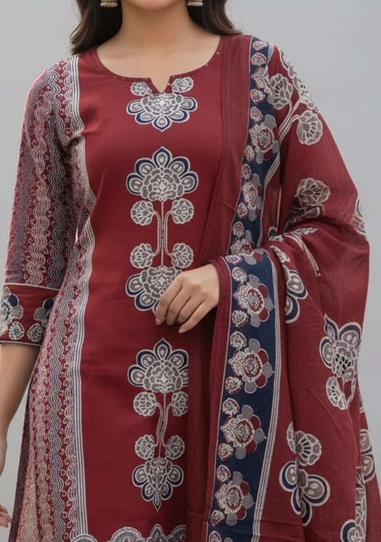 Maroon Printed Cotton Kurta Set - Indya