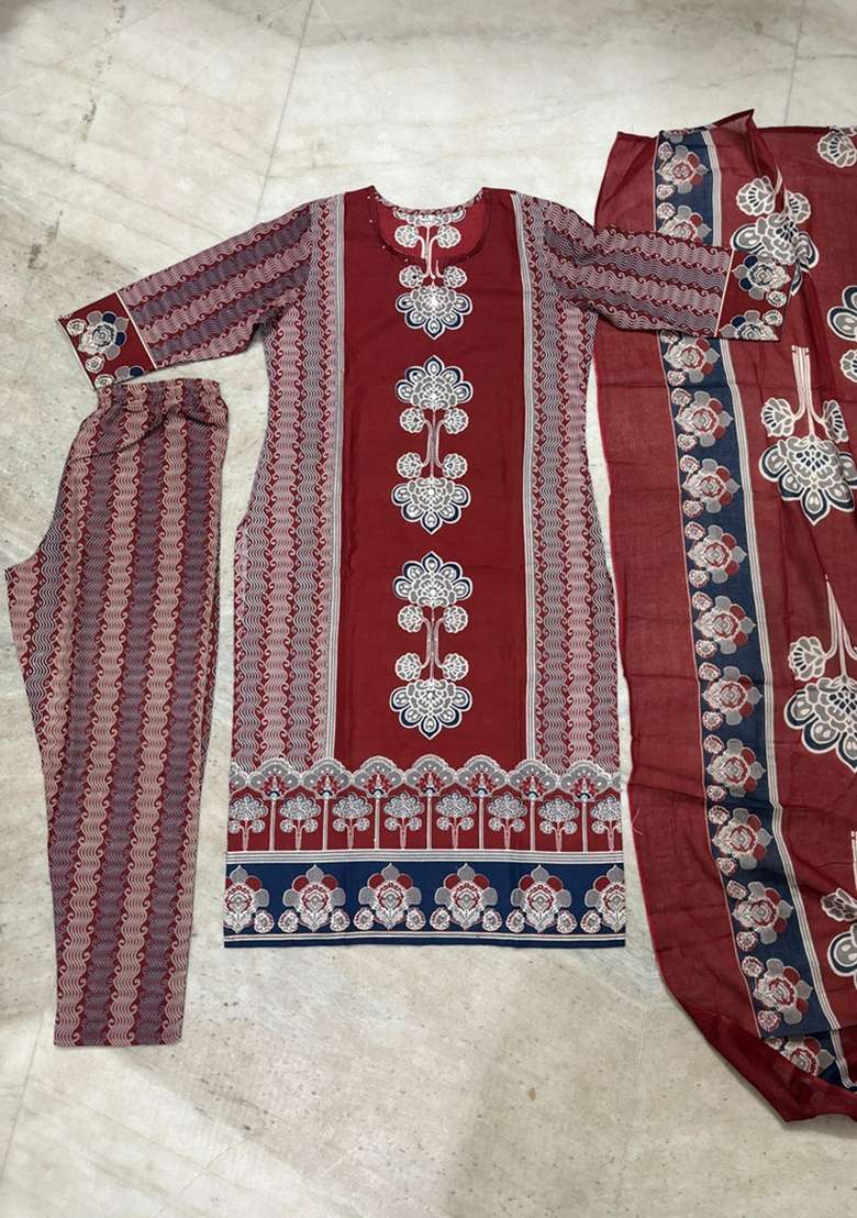 Maroon Printed Cotton Kurta Set - Indya