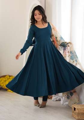 Teal Blue Lace Work Roman Anarkali Set
