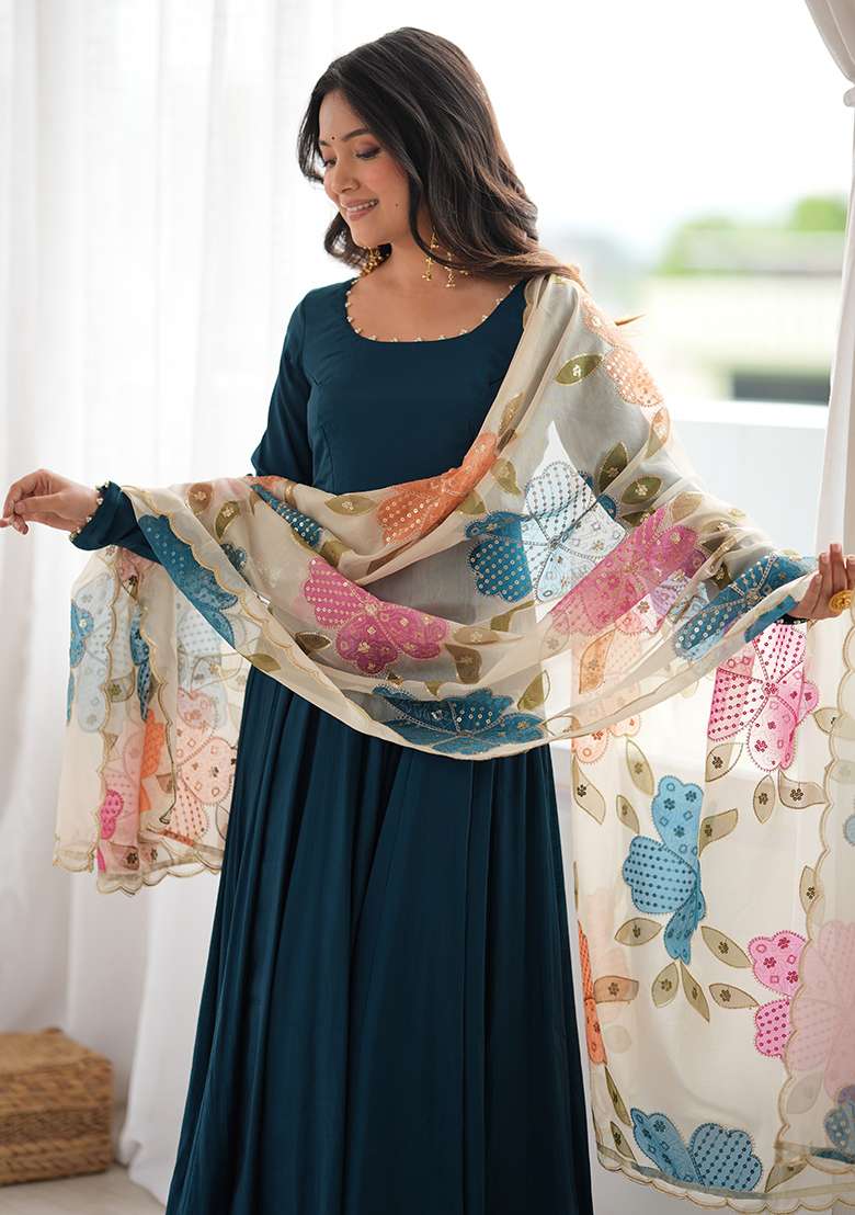 Teal Blue Lace Work Roman Anarkali Set - Indya