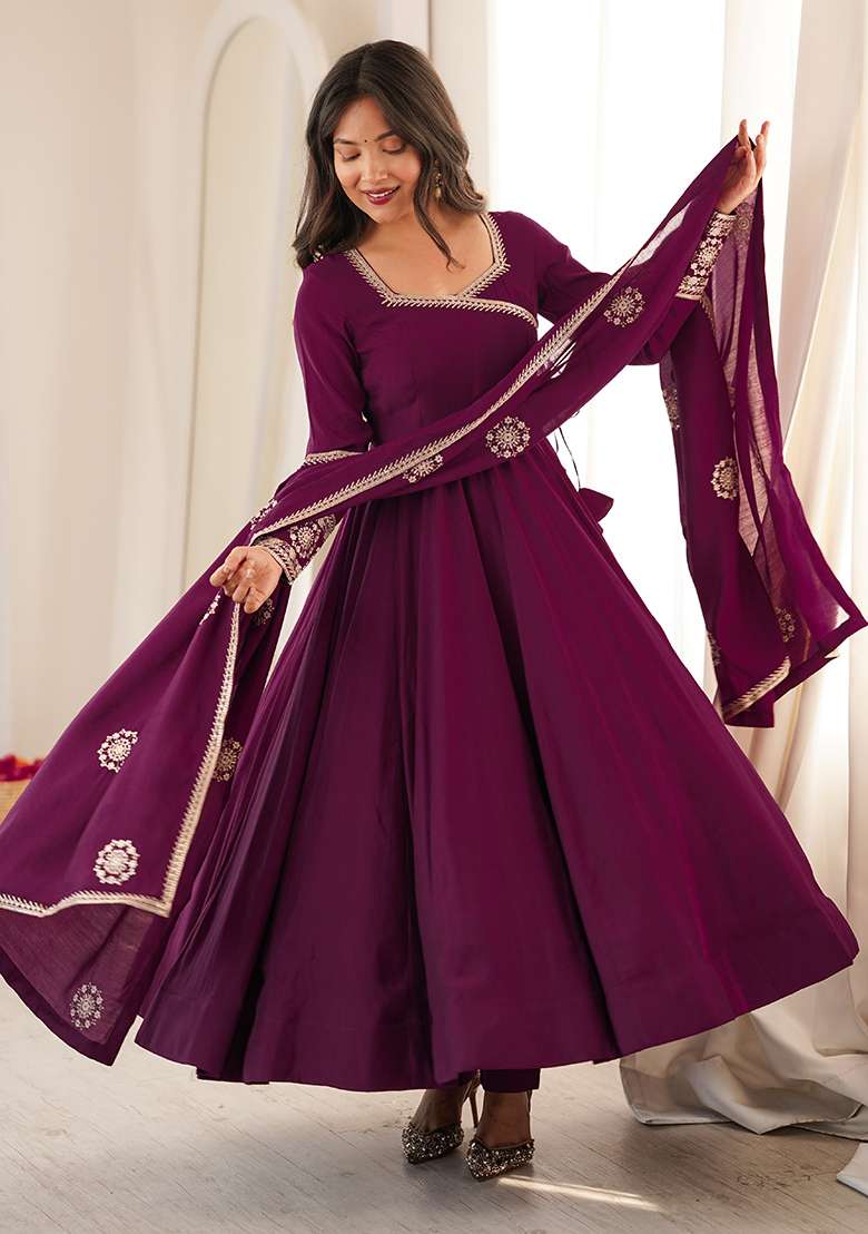 Wine Embroidery Chanderi Anarkali Set - Indya