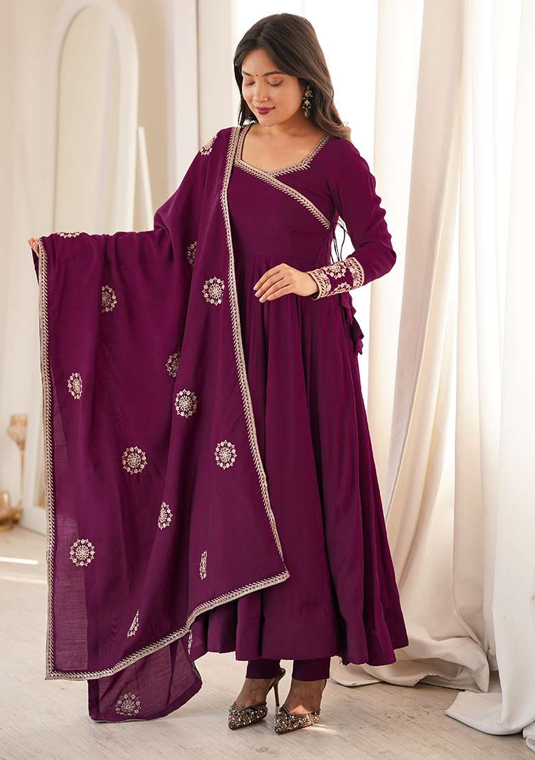 Wine Embroidery Chanderi Anarkali Set - Indya