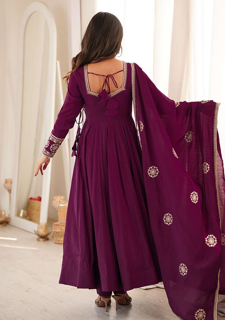 Wine Embroidery Chanderi Anarkali Set - Indya