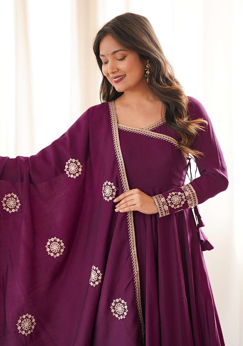 Wine Embroidery Chanderi Anarkali Set - Indya