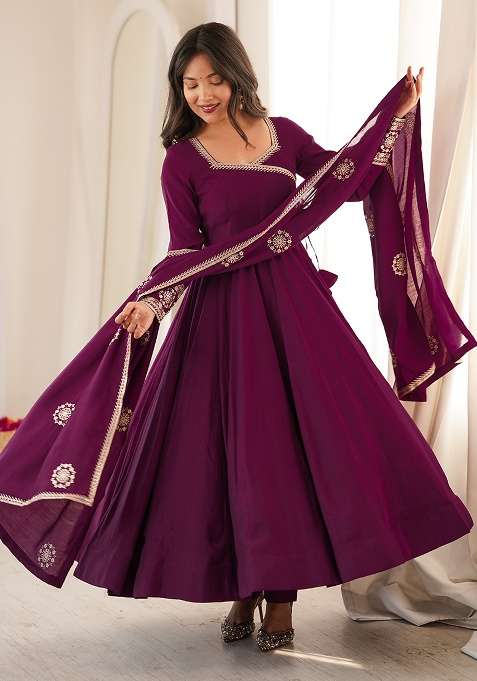 Wine Embroidery Chanderi Anarkali Set