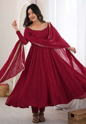 Maroon Lace Work Chanderi Anarkali Set