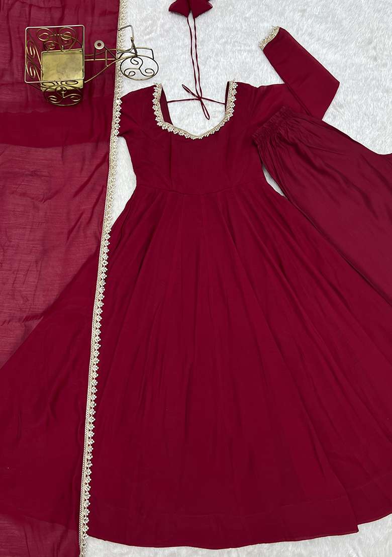 Maroon Lace Work Chanderi Anarkali Set - Indya