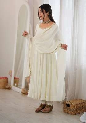 Off White Lace Work Chanderi Anarkali Set